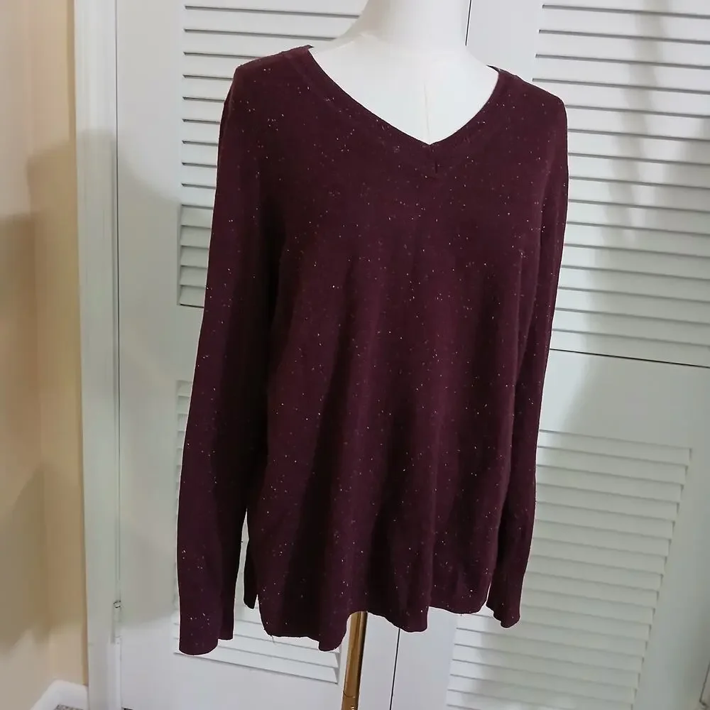 Talbots Med Maroon Multicolor Flecked V-Neck Sweater Cotton Blend Lightweight